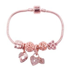 Rose Goldtone Snake Chain Charm Bracelet with Charms Barrel Clasp 7.5" NWOT